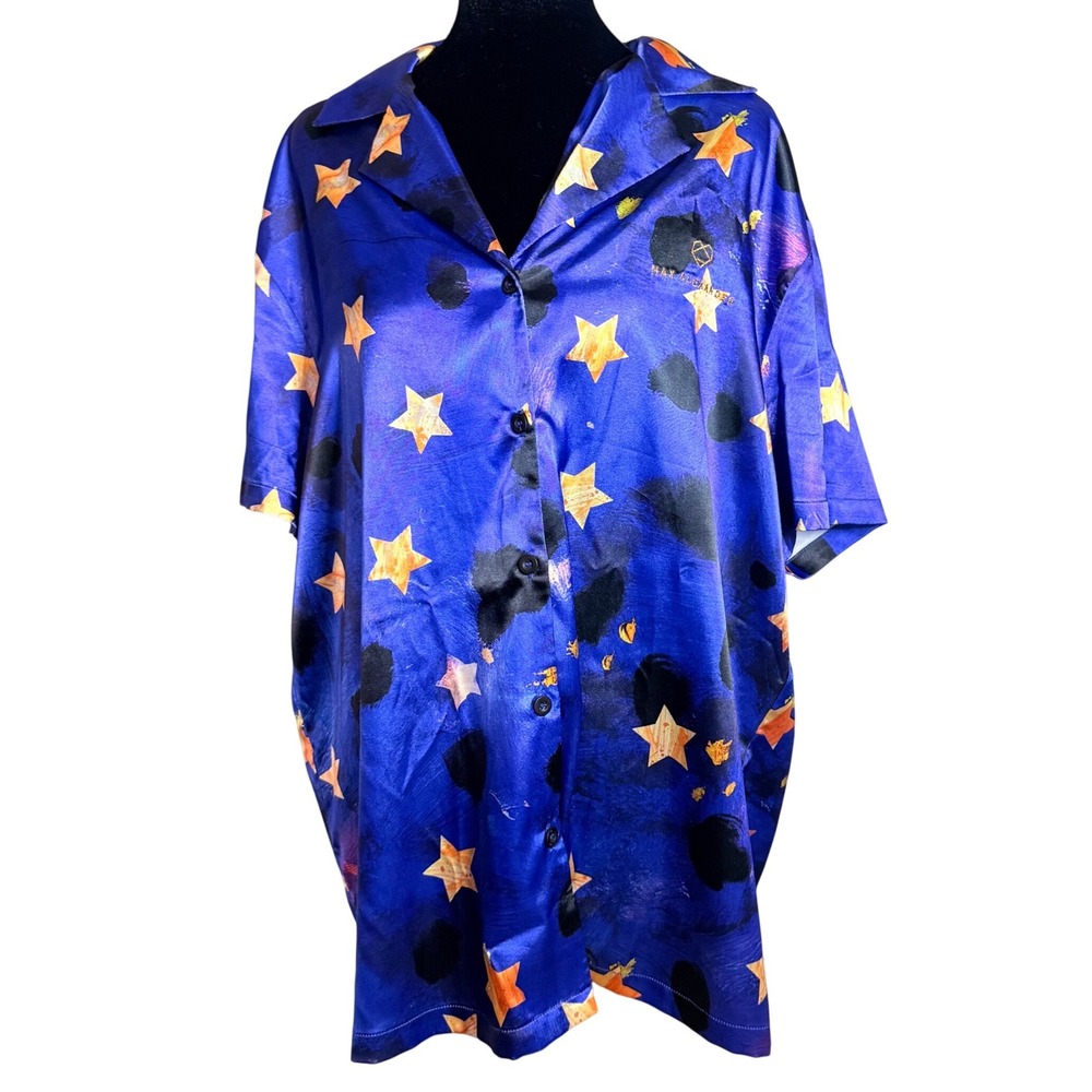 Max Alexander Star Print Pajama Top XL Blue Satin Celestial Short Slv Button Up